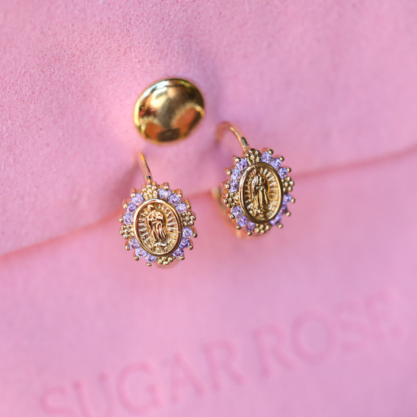 Purple Stone Mini Virgin Mary Hoop Earrings