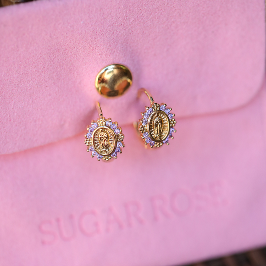 Purple Stone Mini Virgin Mary Hoop Earrings