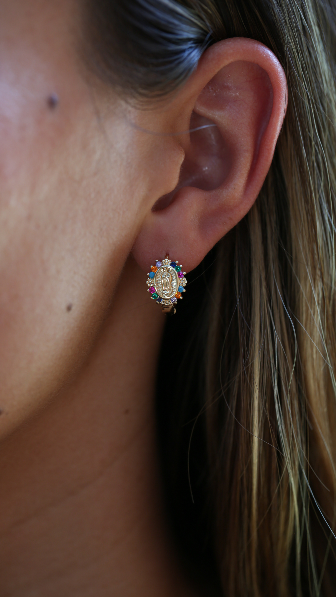 Multi Stone Mini Virgin Mary Hoop Earrings