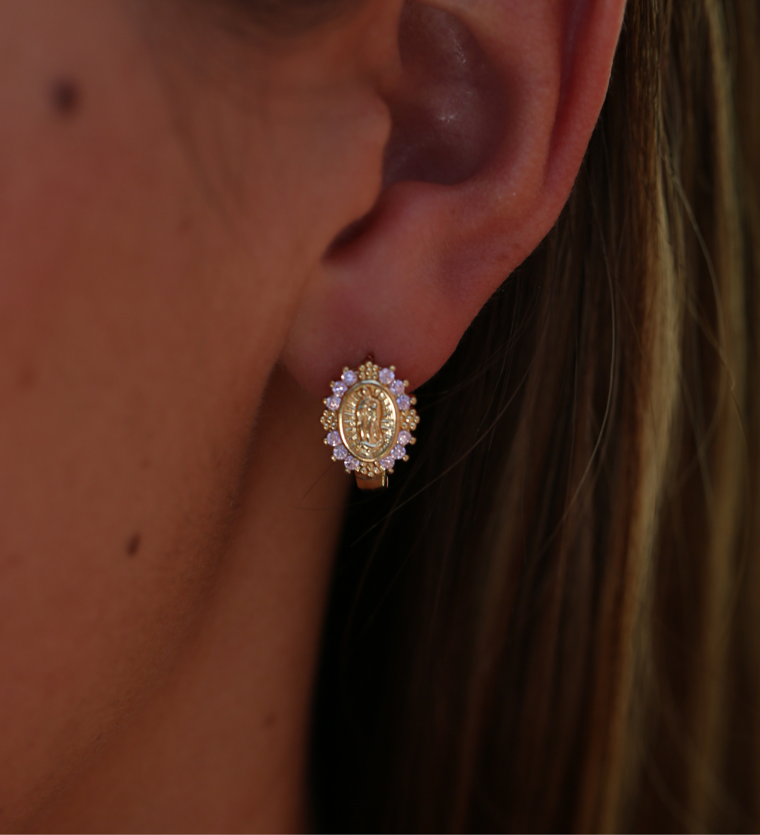 Pink Stone Mini Virgin Mary Hoop Earrings