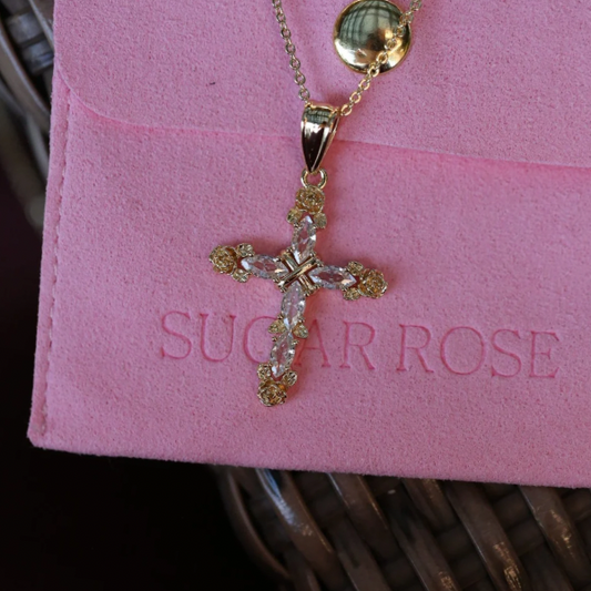 Gold Rose Cross Necklace