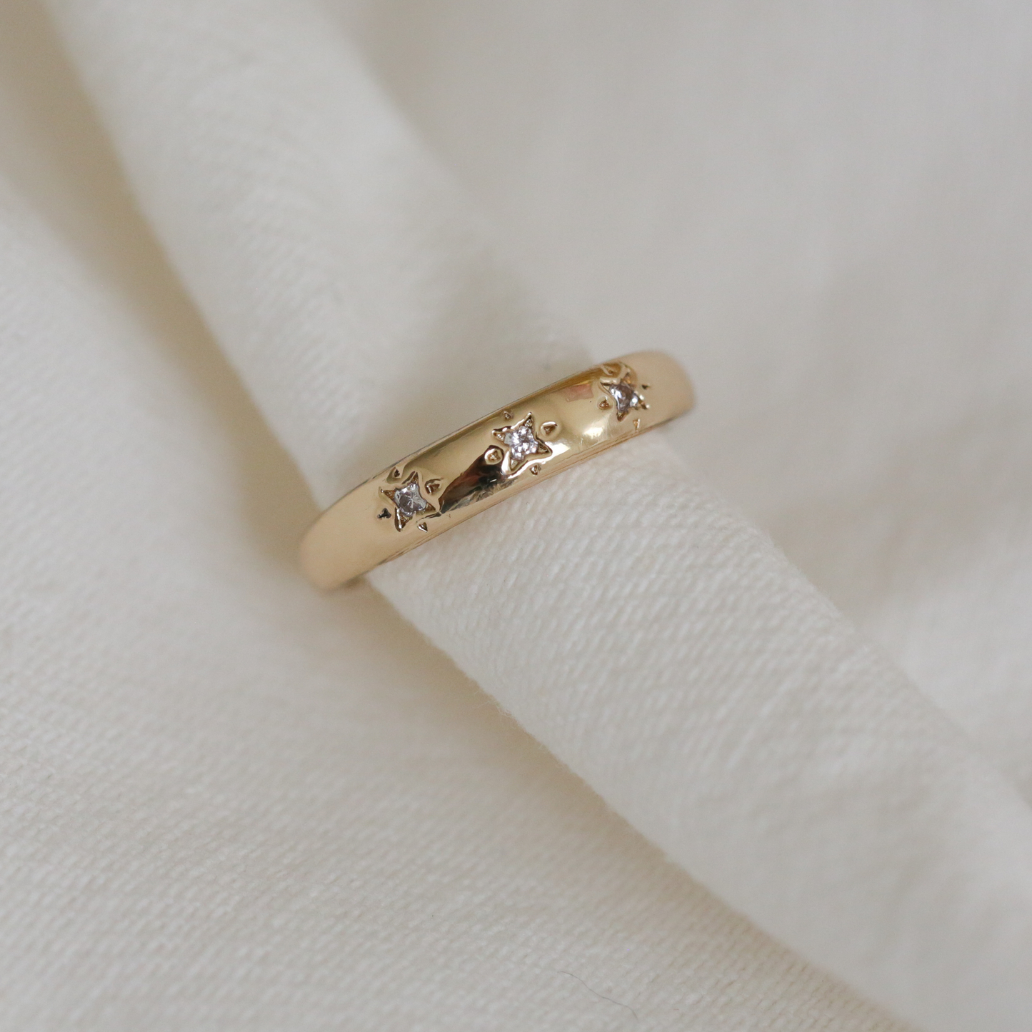 Celestial Ring Band Adjustable, Brass Gold Dipped Ring, Cubic Zirconia Star Ring